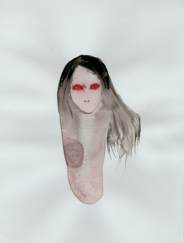 Odonchimeg Davaadorj - Femme aux yeux rouge, 2015, encre de chine, 21x29cm - Exposition collective THIS NIGHT NEVER DOWN - Galerie épisodique / ON/gallery Beijing