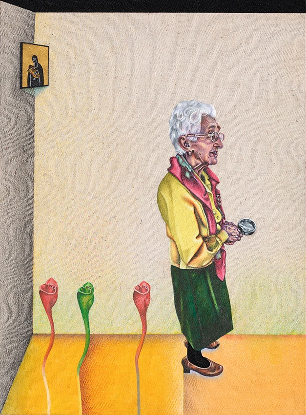 Nina Tomàs, Chercheuse de fil, 2018. Huile, collage et crayons sur toile, 30 x 22 cm. Photo Jodie Stella