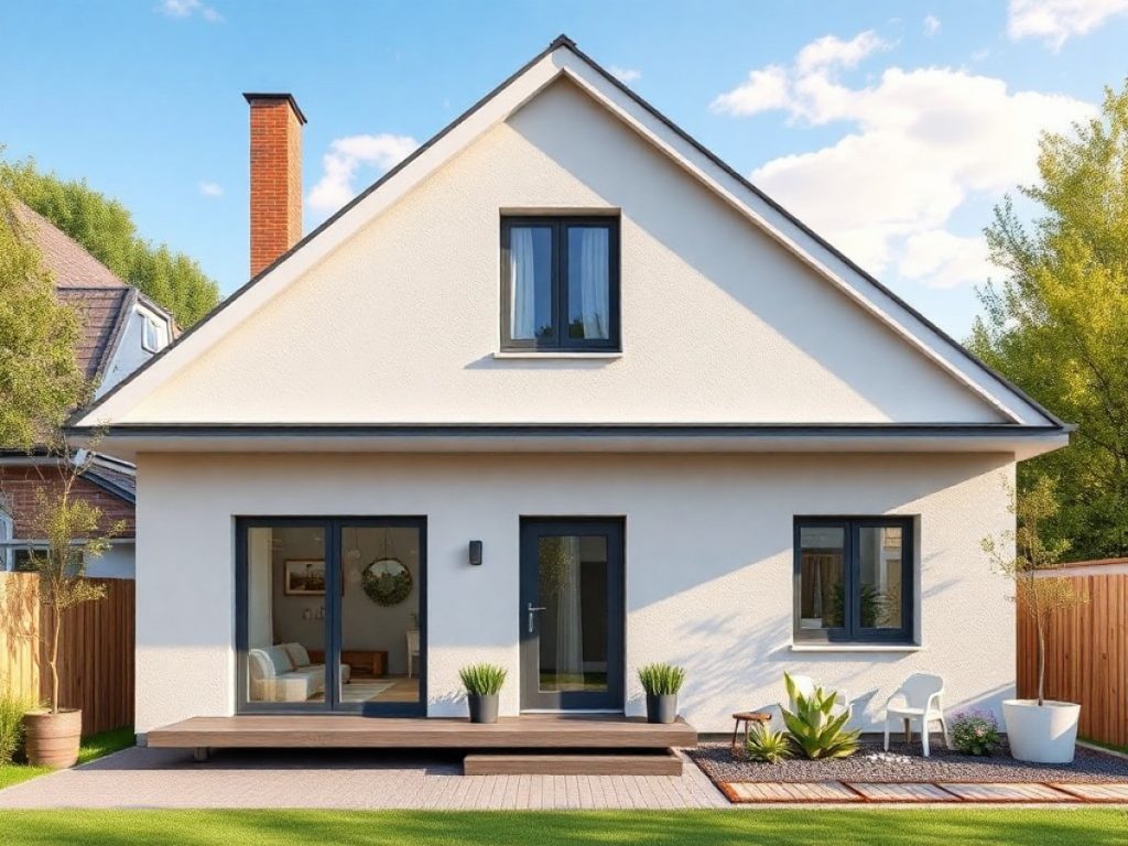 Un homme avec un casque de chantier installe une plaque d'isolation en polystyrène sur la façade