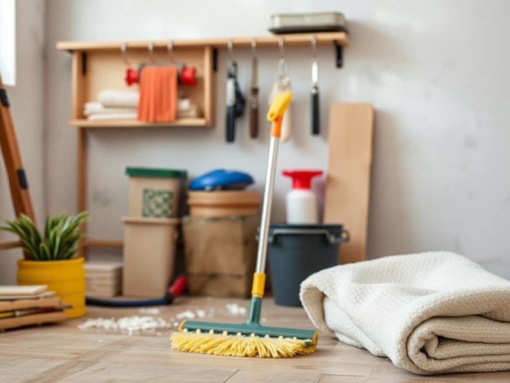 Un homme en gants blancs nettoie le sol avec un aspirateur après le chantier