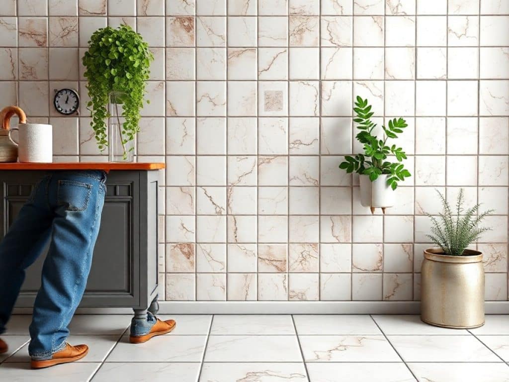 Un homme avec une spatule en train d'enlever les joints du carreau