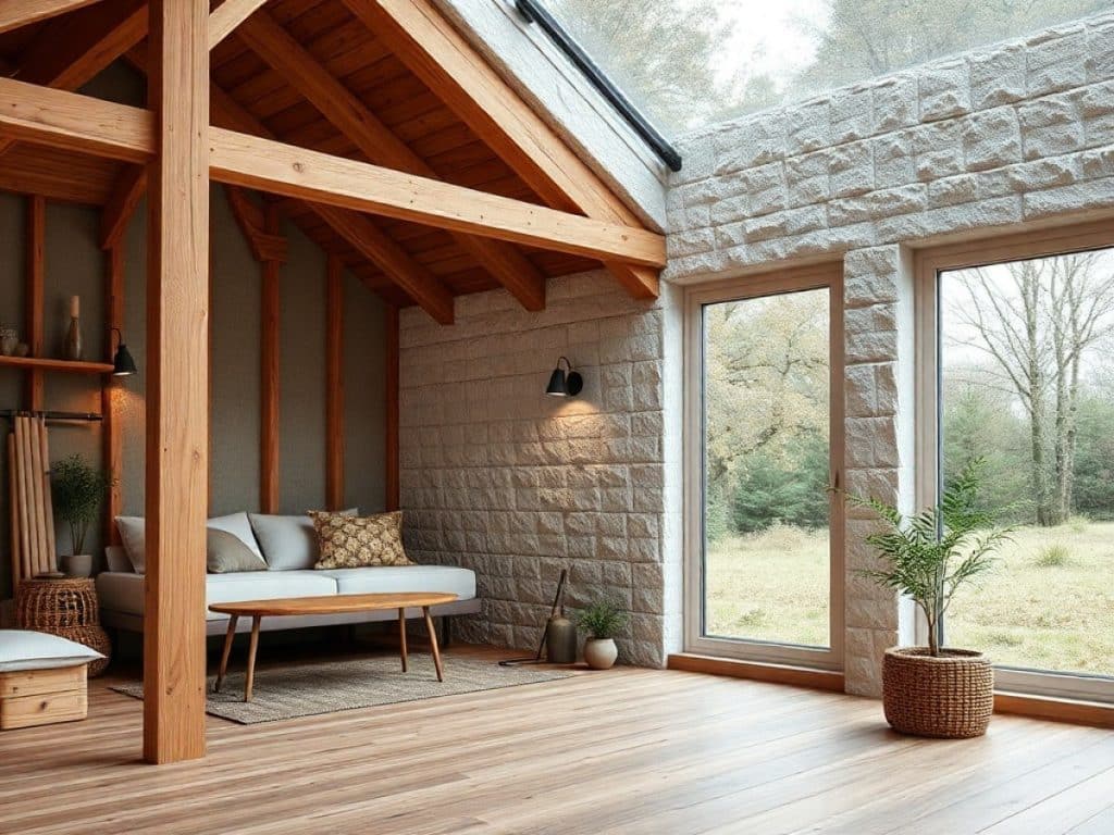 Vue sur le grenier avec l'isolation en laine et les charpentes en bois