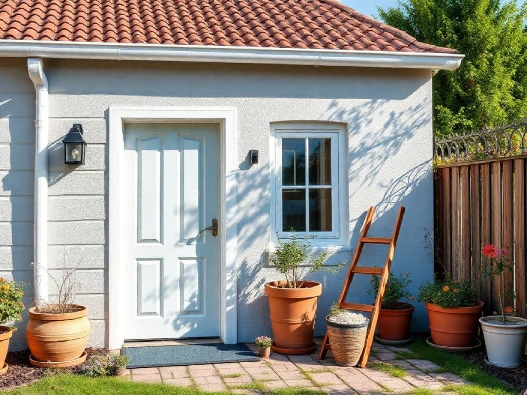 Focus sur la main d’une personne en gant blanc peignant le mur d’une terrasse avec un rouleau