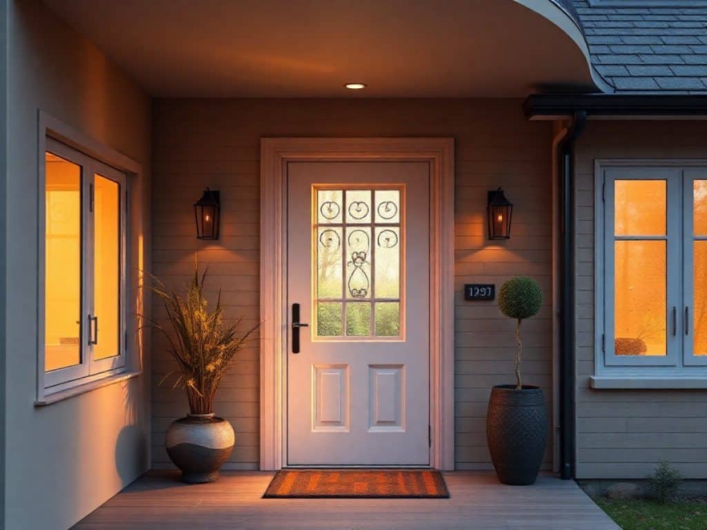 Façade en briques avec porte d’entrée vitrée en bois marron