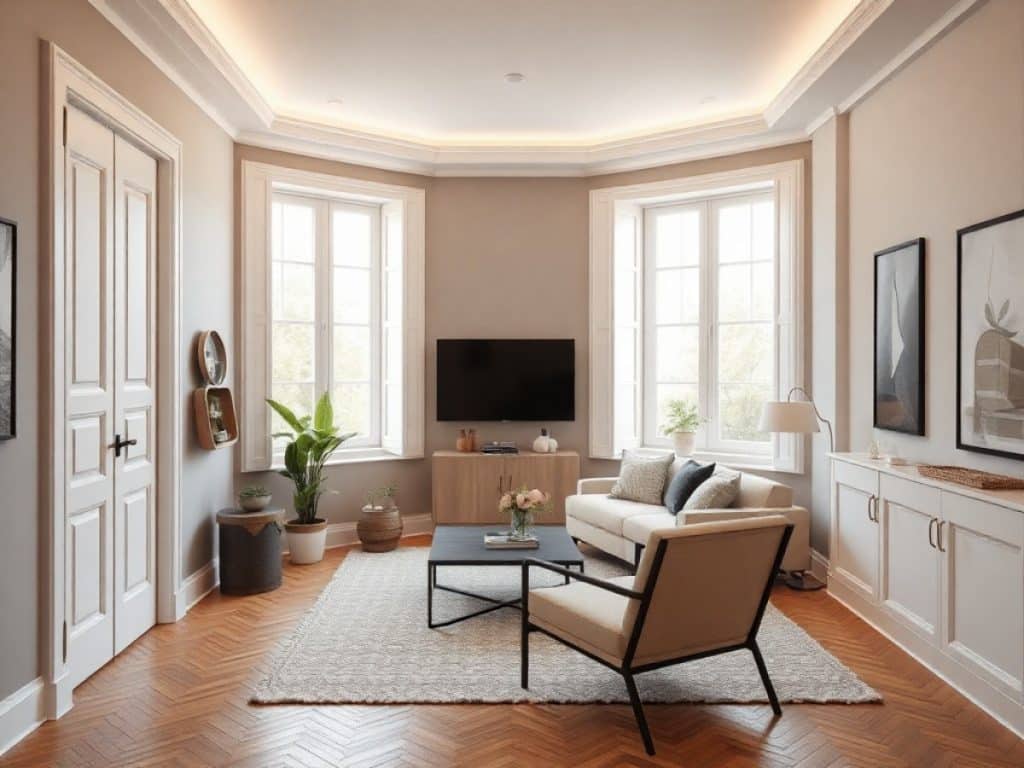 Une cloison en bois séparant deux pièces d'une maison avec des murs verts