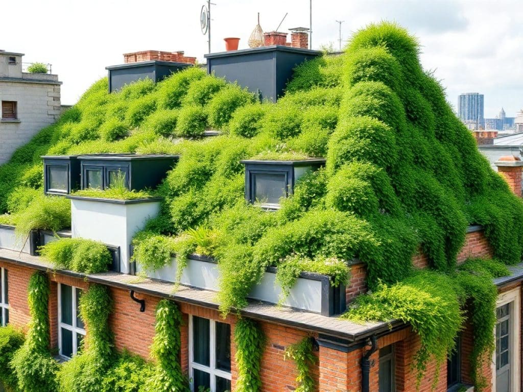Vue sur la toiture végétale d’un bâtiment en bois
