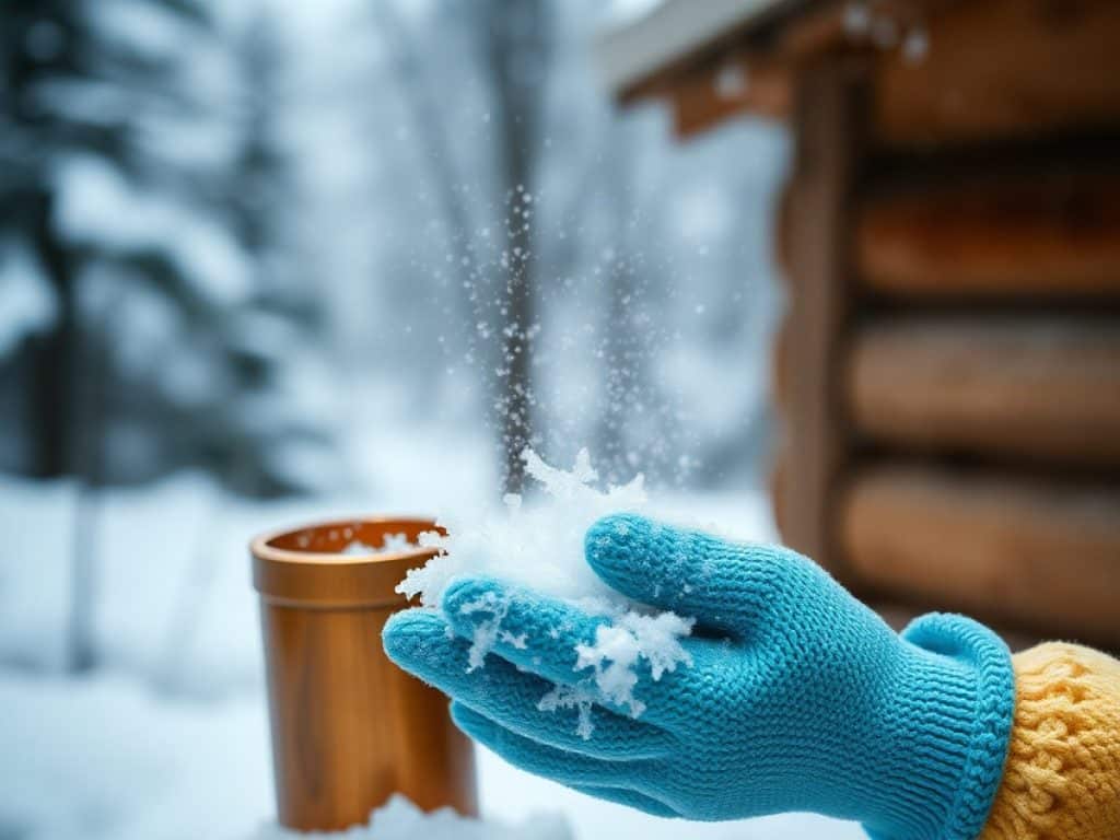 Zoom sur un homme en gants bleus enlevant les feuilles mortes sur une gouttière