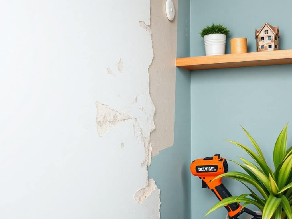 Un homme en salopette bleu en train de lisser un mur de plâtre