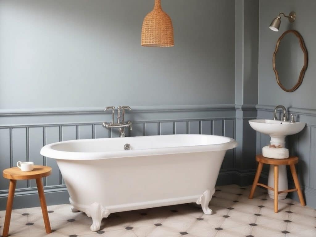 Une baignoire classique noire et blanche à côté de la fenêtre