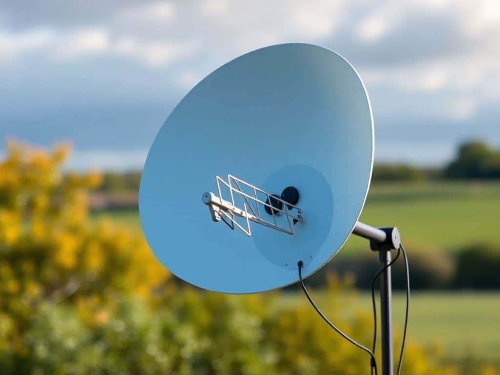 Un homme installe uen antenne parabolique sur le toit