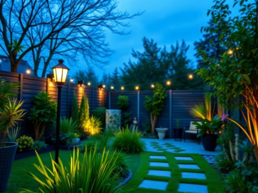 Des poteaux LED illuminant un grand jardin dans la nuit