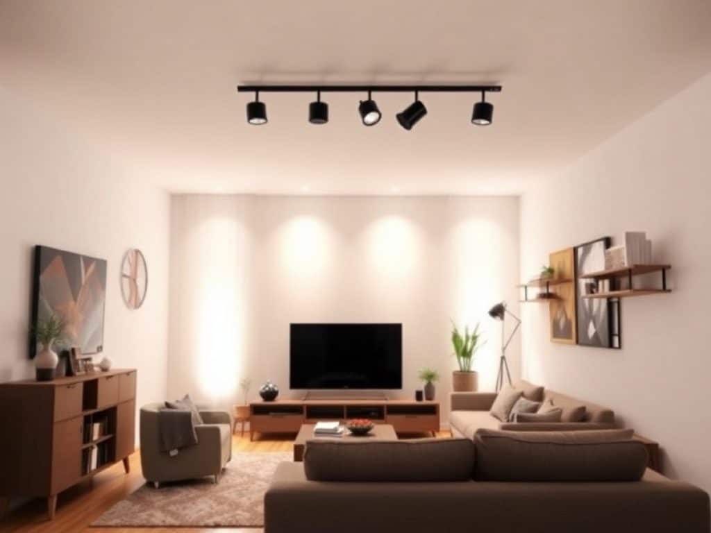 Des spots encastrés dans le plafond sont allumés