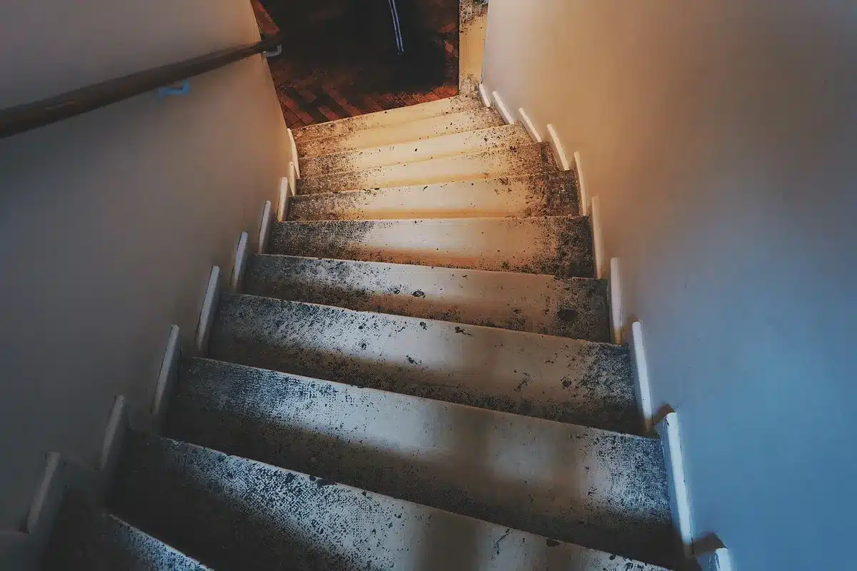 Intérieur de maison en bois avec escalier et lumière du jour